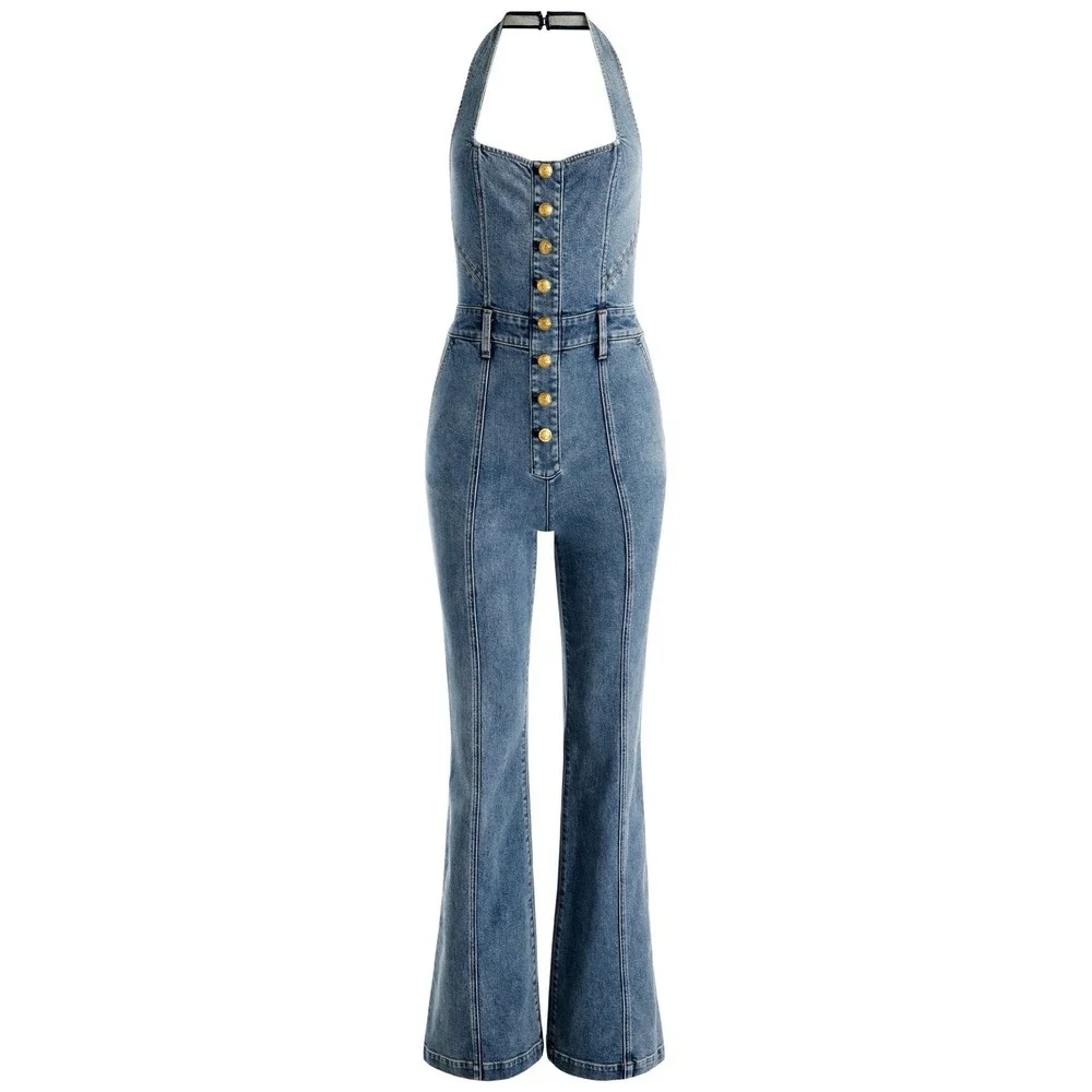 $550 NWT Alice+Olivia Gorgeous Pennie Denim Bootleg Halter Jumpsuit - Picture 5 of 16